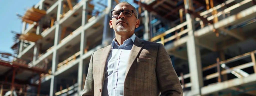developer standing in front of apartment construction. multi state real estate entity structure