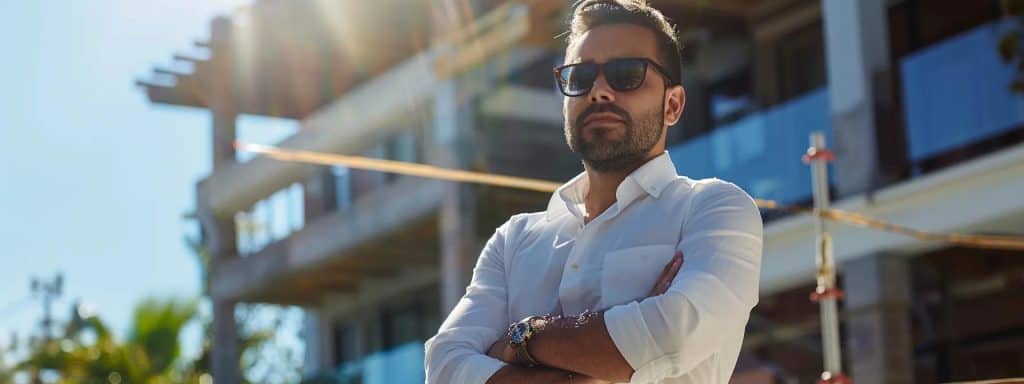 investor standing in front of apartment construction. structuring real estate syndication entities